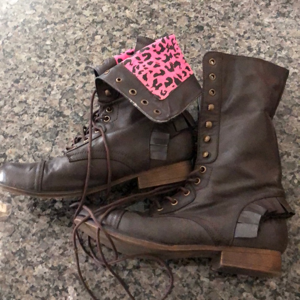 Betsey Johnson leaha leopard ruffle combat boots